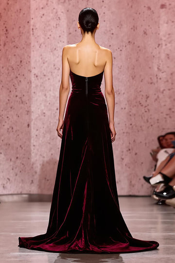 Velvet A-Line Strapless Dark Red Evening Dress
